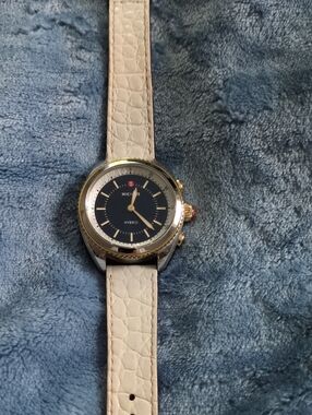 Michele Black Dial Hybrid Watch with Beige Leather Strap